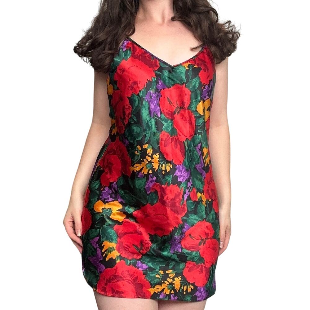 Vintage Victoria's Secret Gold Label Rose Floral Satin Mini Slip Dress Nightie